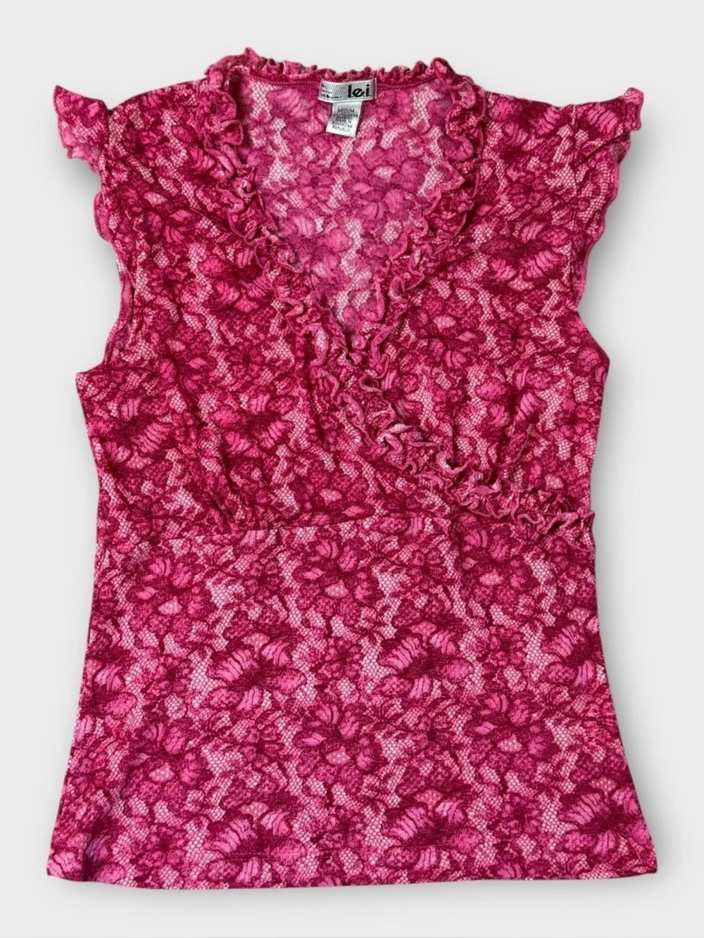 Lei women’s vintage Y2K pink floral lace ruffle v-neck sleeveless top sz medium